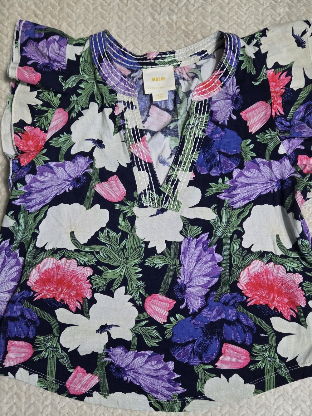 Maeve Anthropologie x Cecilia Pettersson Shirt Womens Small Floral Ruffle V Neck
